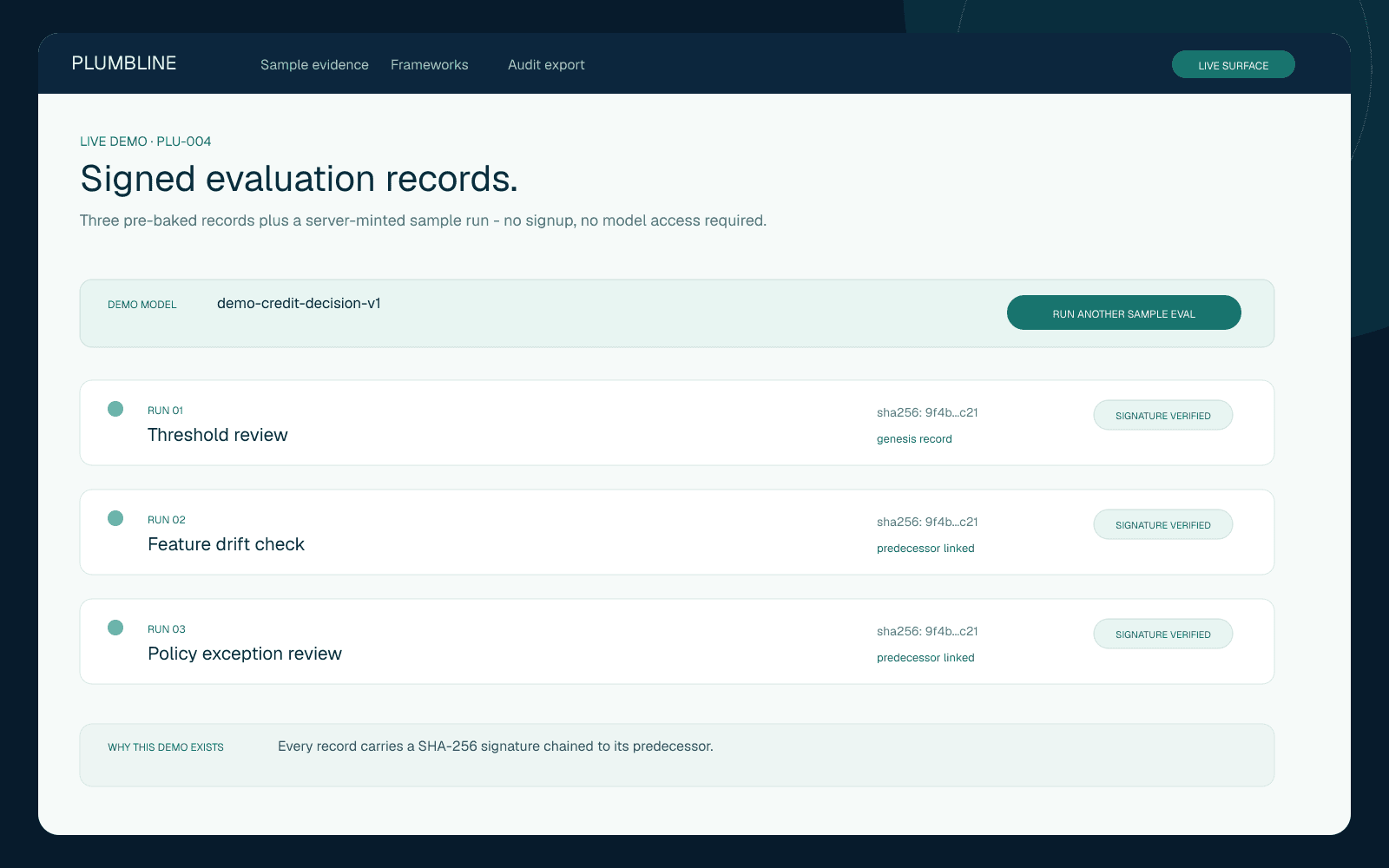 Plumbline sample replay showing a prior-authorization decision record.