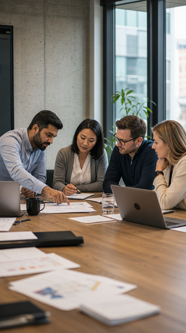 Four colleagues meeting around a table to review an action item together