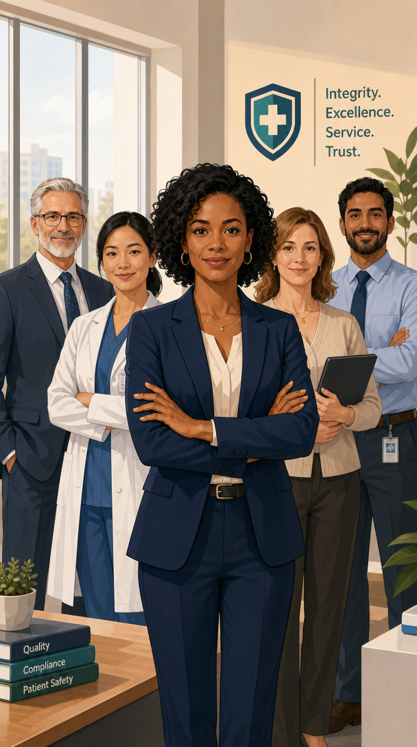 Woman reviewing a decision record with colleagues standing behind her
